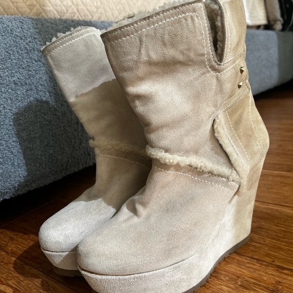 Cream Suede Wedge Boot - Picture 2 of 4